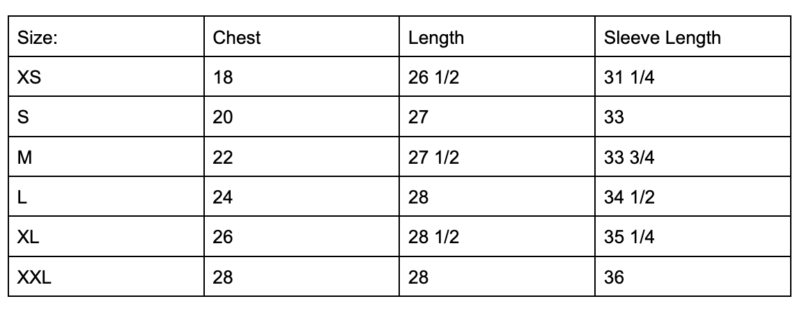 Sunrise Highway Hoodie Size Chart
