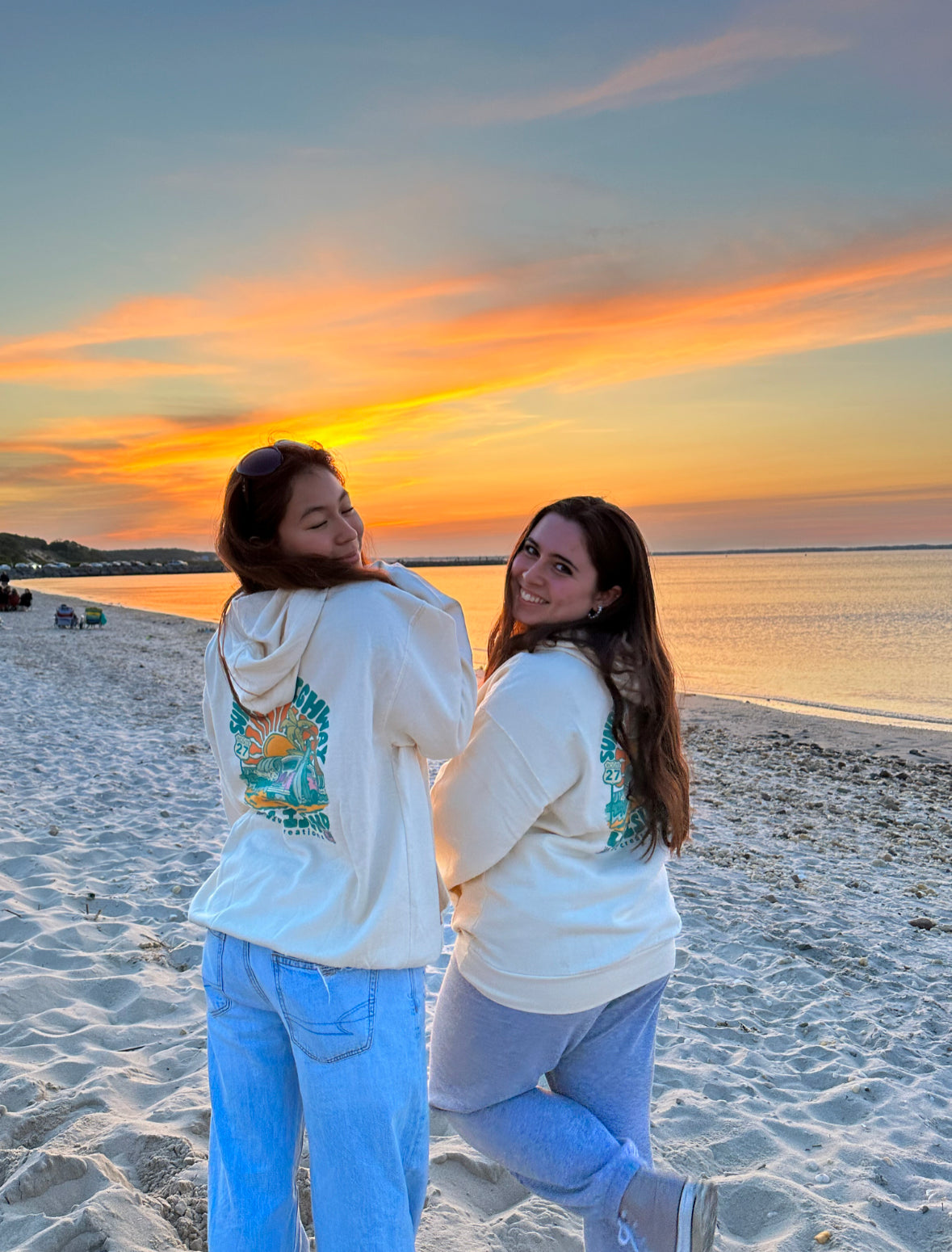 Sunrise Highway Tan Hoodie, two girls wearing the hoodie, front and back of hoodie