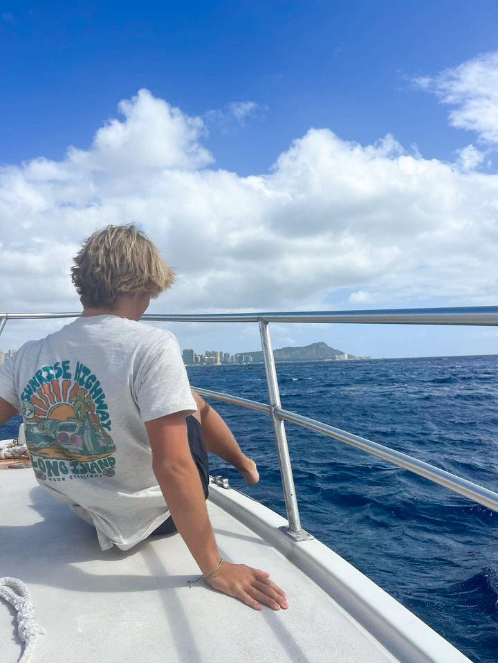 Sunrise Highway T shirt Grey, Side, On Boat