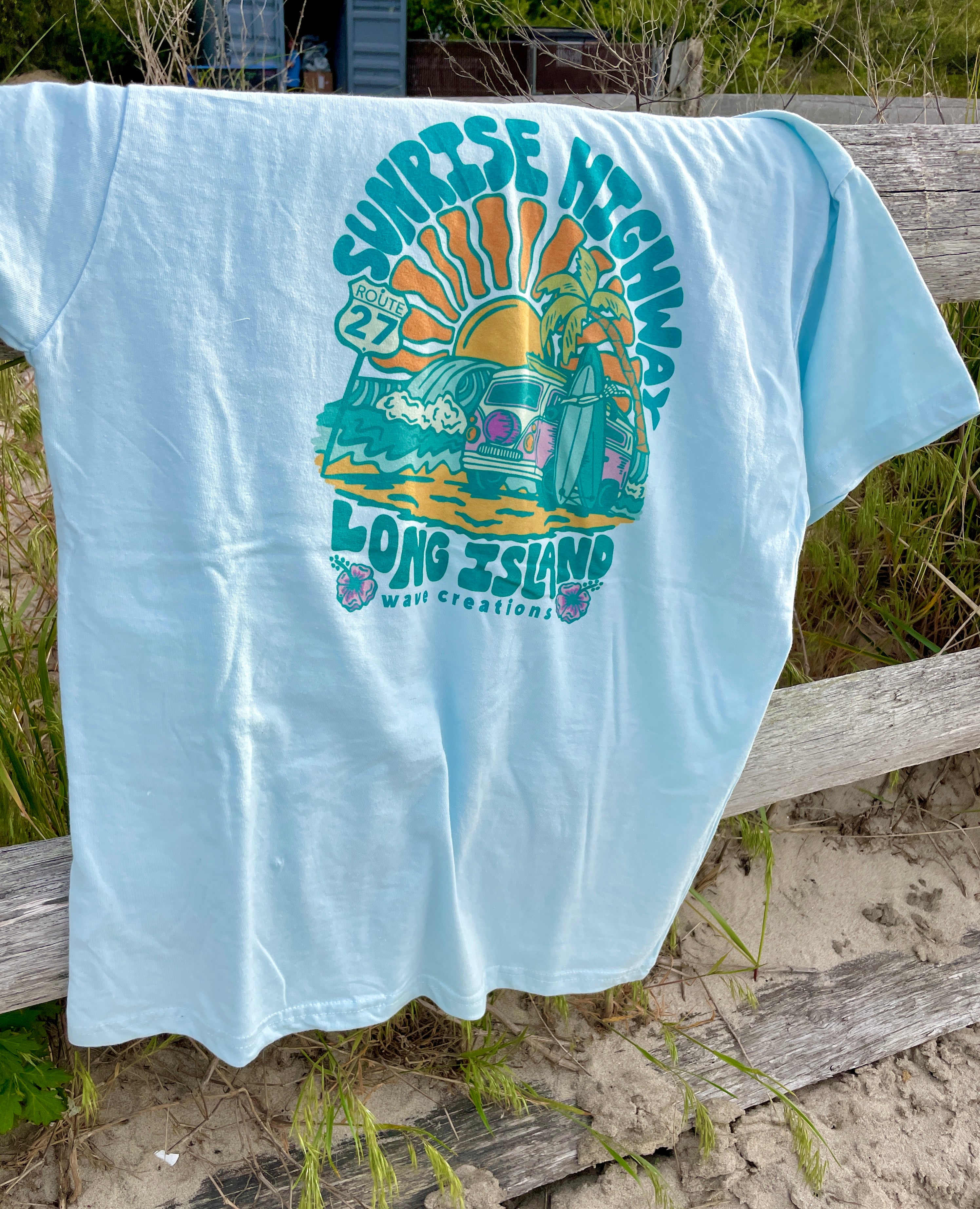 Sunrise Highway Blue T Shirt, Hanging Up On Fence